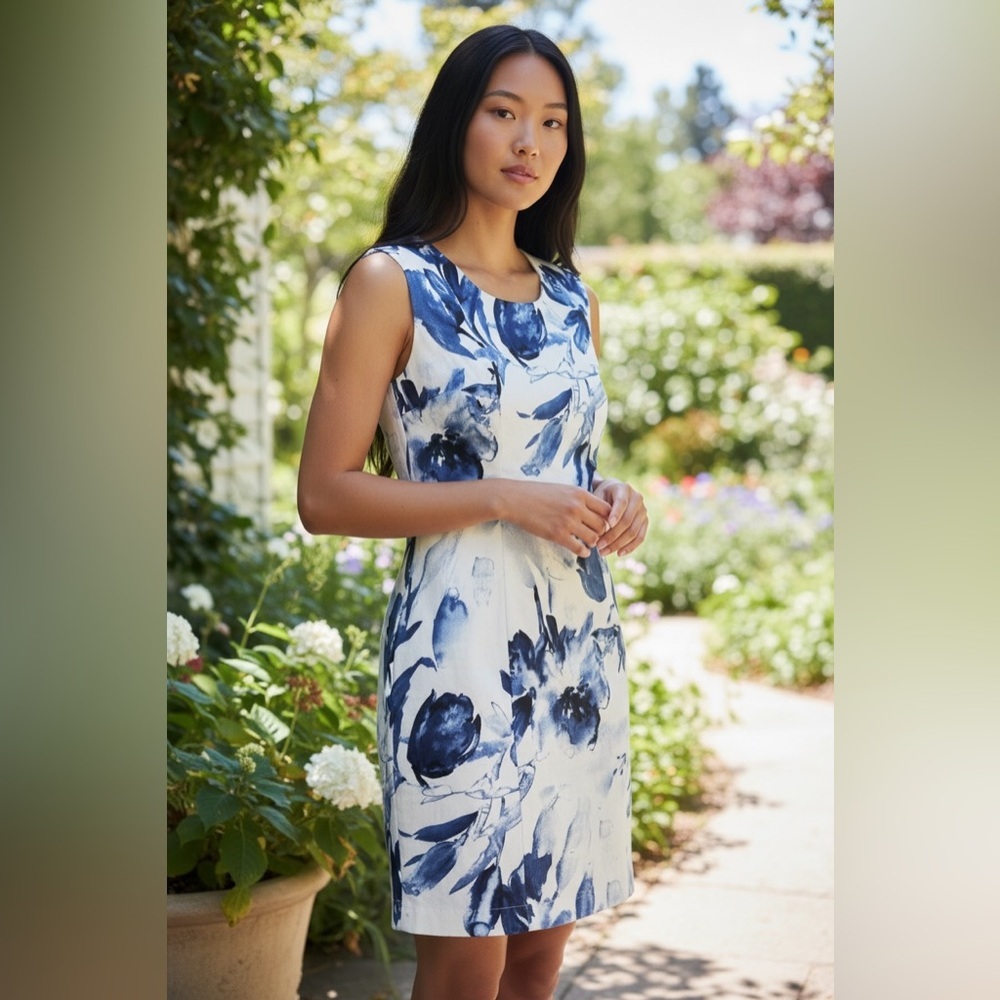 Votre Nom Blue Floral Dress Size 8 Fit Flare Sleeveless Textured